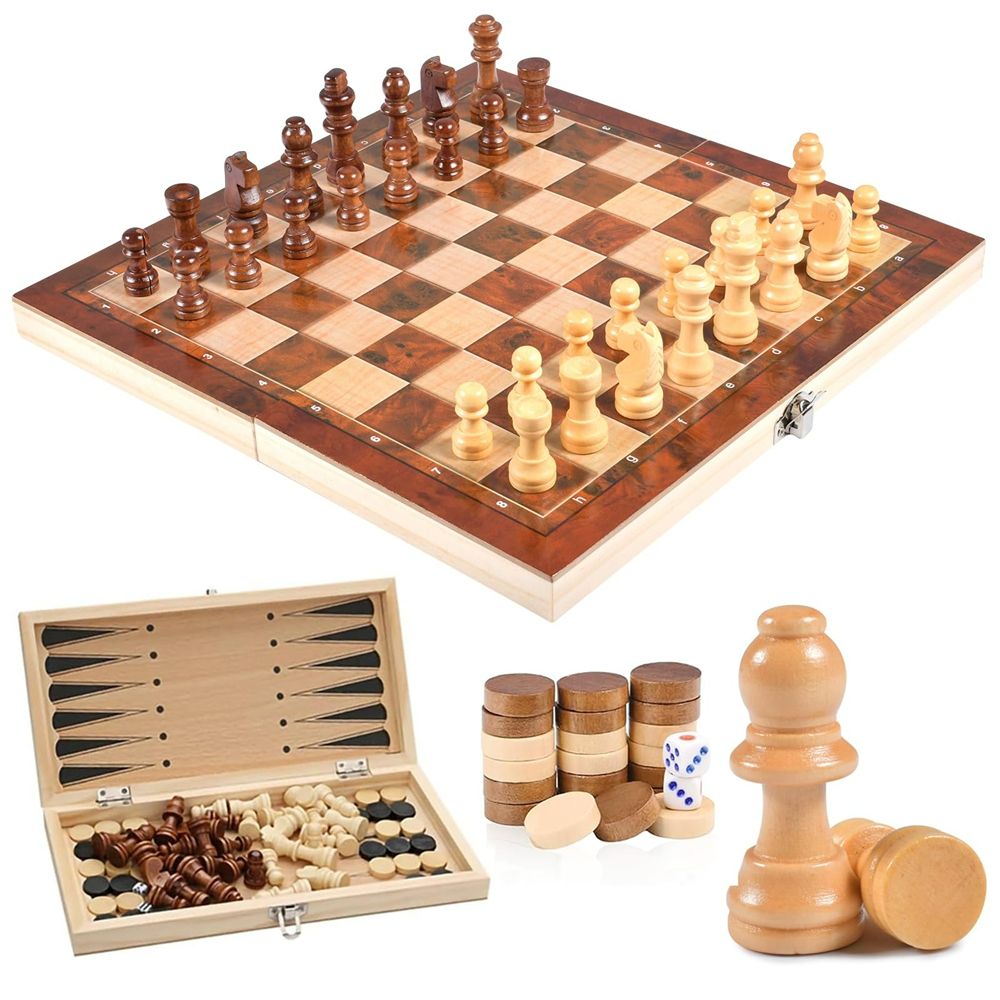 Wooden Chess Game, 3-in-1 Chess, Lady, Backgammon, Foldable Chess Board, Wood Lockable Case, Chess Set for Children, Adults, Party, Travel, 29 x 29 cm
