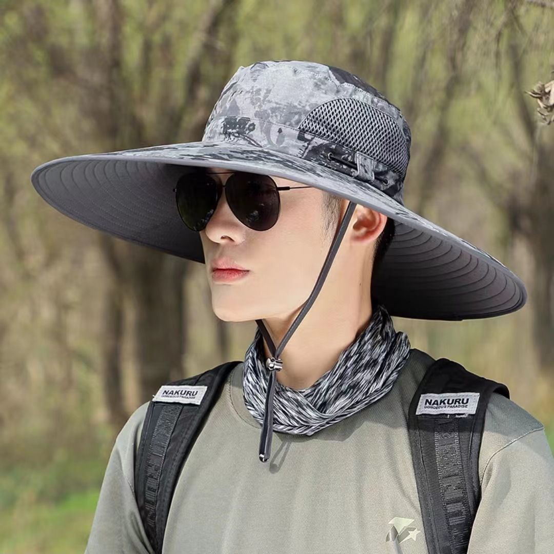 Summer New Men's Sun Hat, 15cm Wide Brim Camouflage Fishing Hat, UV Protection Breathable Mesh Bucket Hat, Quick Dry Adjustable Chin Strap, for Hiking Camping Fishing Outdoor Activities, Anti-UV Large Brim Boonie Hat
