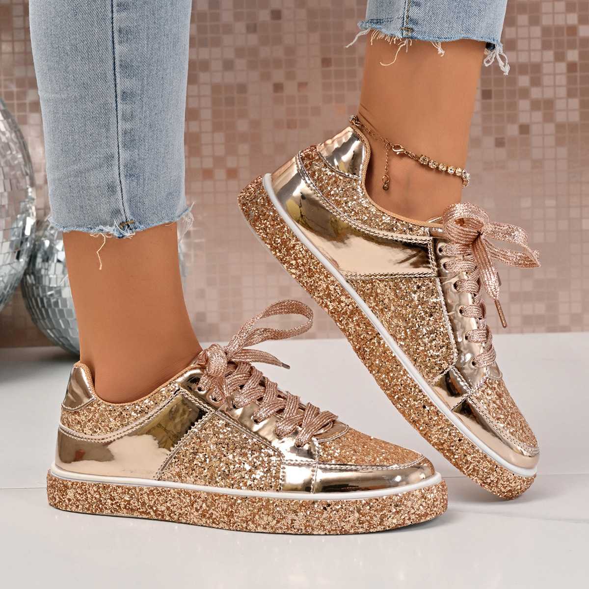2025 Autumn New Style Sequined Lace-Up Platform Low-Top Shoes Women's Plus Size Fashion Casual Sneakers