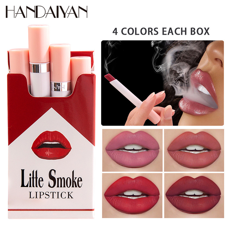 H1013Kit HANDAIYAN 4Pcs Cigarette Shape Lipstick Matte Waterproof Long-Lasting Smoke Tube Lipstick Velvet Red Lip Tint Makeup Cosmetics