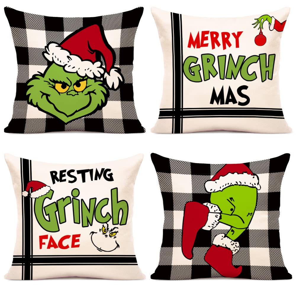 MNBY-88 Christmas Pillow Covers 45*45cm for Grinch Christmas Pillows Christmas Decorations Xmas Farmhouse Decor Throw Pillow Covers for Porch Decor,Couch,Bed