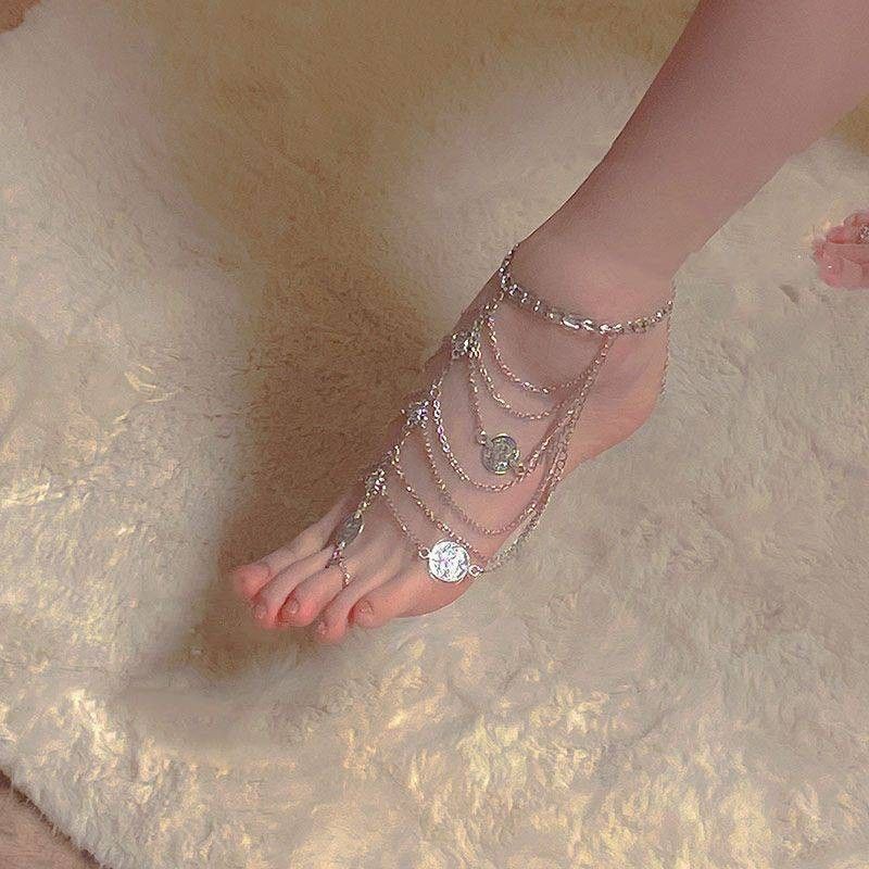 Retro fashion multi-layer tassel ankle chain women's metal chain instep chain cos palace style foot decoration