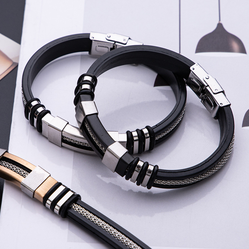 Men's Adjustable Bracelet Silicone Wrap Bracelet Stainless Steel Cuff Bracelet