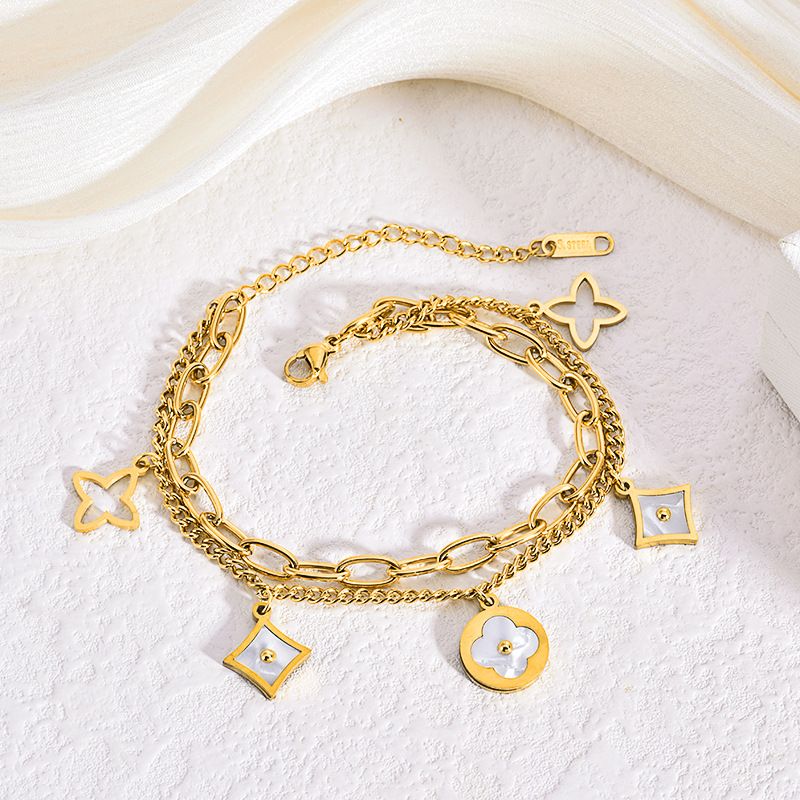 Double layered bracelet Gold titanium steel white shell clover bracelet CRRSHOP free shipping Single layer bracelet