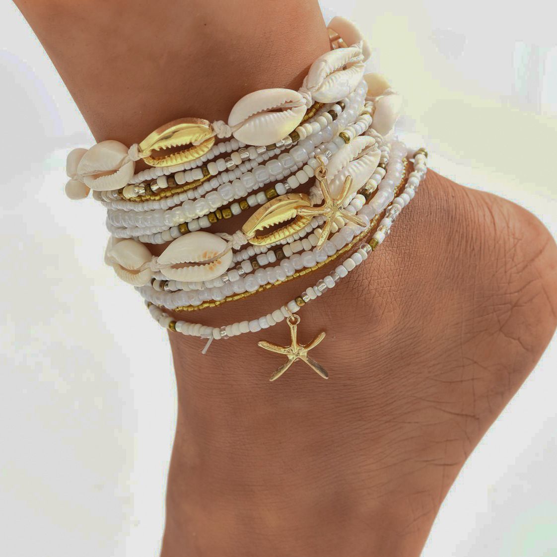 6077903HB 14pc/set Bohemian Rice Beads Starfish Pendant Anklet Set Fashion Summer Beach Sea Shell Multilayer Ankle Bracelet On Foot Jewelry