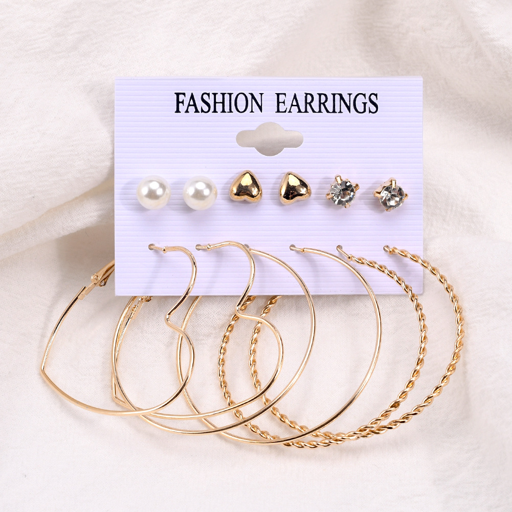 Earring Female earrings simple metal love twist circle earrings set peach heart diamond pearl earrings 6-piece jewelry Jewelry