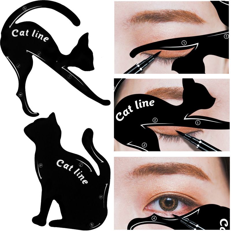 Cat Line Eyeliner Stencil, 2Pcs Cute Cat Silhouette Eyeliner Guide Cards, Reusable Black Cat Shaped Makeup Templates for Beginners, Perfect for Creating Cat Eyes Winged Liner