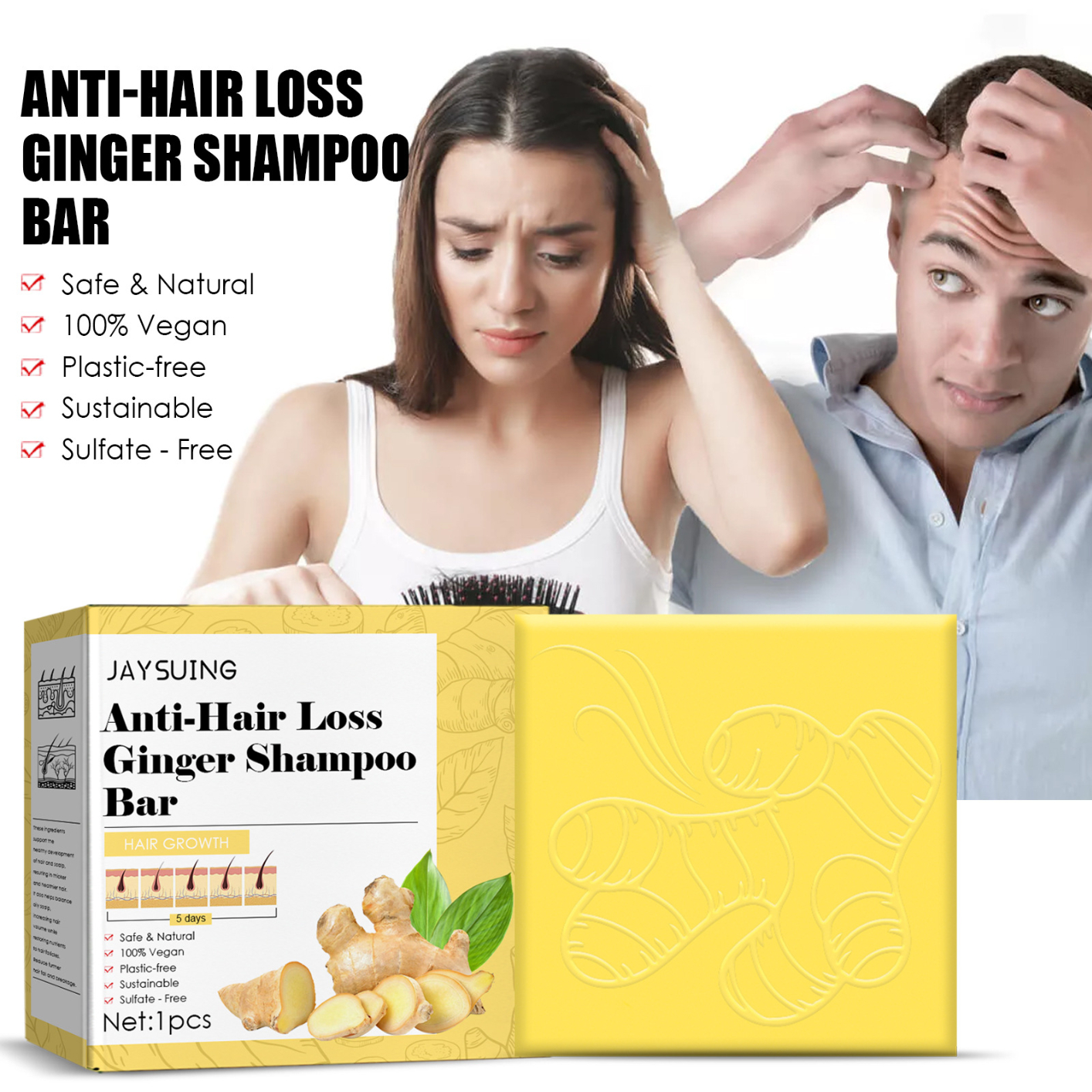 Anti-Hair Loss Ginger Shampoo Bar for Hair Growth, Nourishing Root Hair Care Scalp Cleansing Dandruff Fluffy Treatment 100g