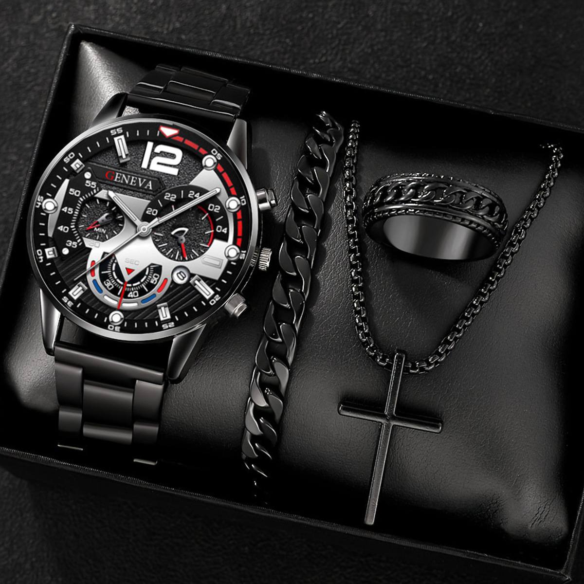 4pieces Set Men's Watch + Bracelets+ Necklace+Ring 