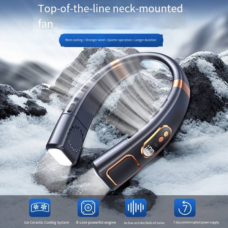Ice Ceramic Cooling Neck Fan Bladeless Smart Digital Display Silent Rechargeable Strong Wind Portable Neck Fan for Outdoor Sports Daily Use