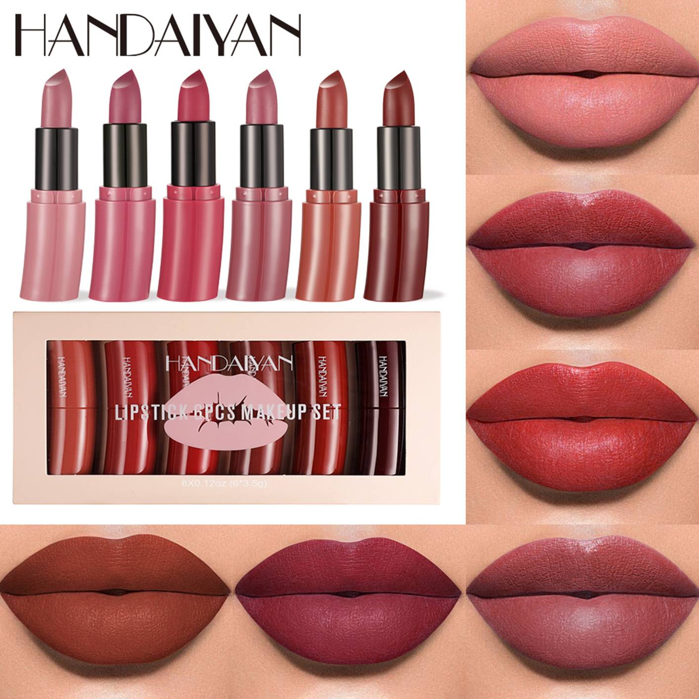 H1041 HANDAIYAN 6 Colors/Box Nude Matte Lipstick Set New Arrive Arc Waterproof Lip Stick Kit Smooth Texture Makeup Cosmetics Lip Balm