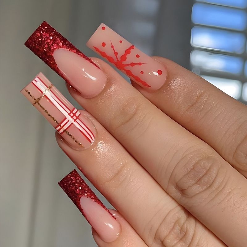 Halloween manicure long wearable nails red and white striped nail art pieces removable false nail patches