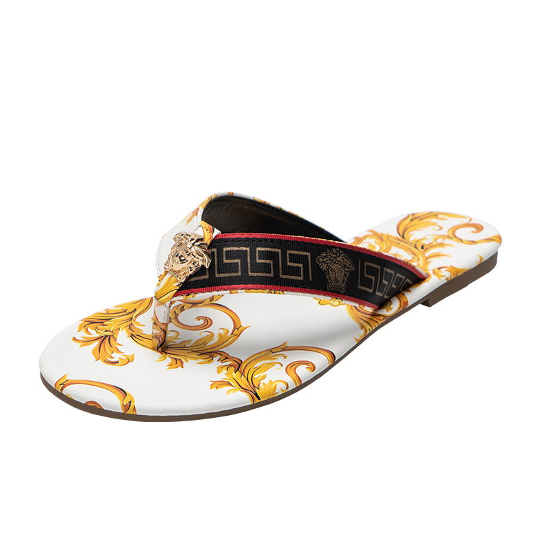 CFXXY-24 Women's Fashionable Prints Flip Flops Thong Sandals with Wide Strap and Metal People Head Decor