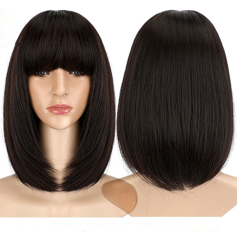 C0030 15 Inch Short Straight Black Bob Wig with Bangs | Natural Heat Resistant Synthetic Hair for Women Full Head Set with Hair Cap
