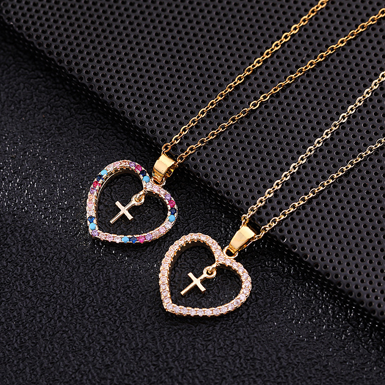 Necklace male female couples jewelry Europe and America fashion New Jewelry love Micro inlaid colored zircon geometry cross Pendant Heart shaped necklace CRRSHOP men women Colorful gold necklace lovers 