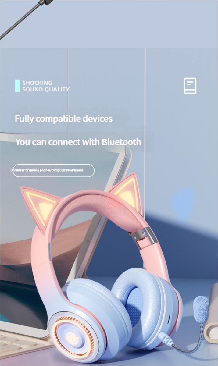 Cat Ear Ears Back Earphones Head Mounted Children's Recitation Bluetooth Student Learning Specific Luminous Endorsement Artifact