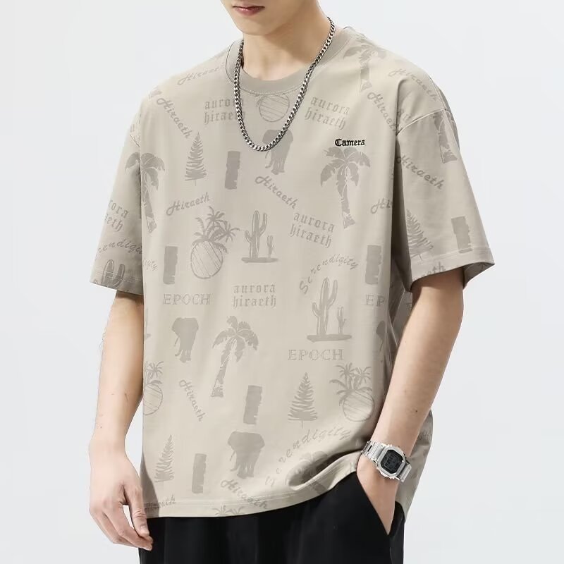 Round-neck short-sleeved T-shirt for men, Summer 2025 new trendy and versatile ice silk quick-drying printed loose casual T-shirt