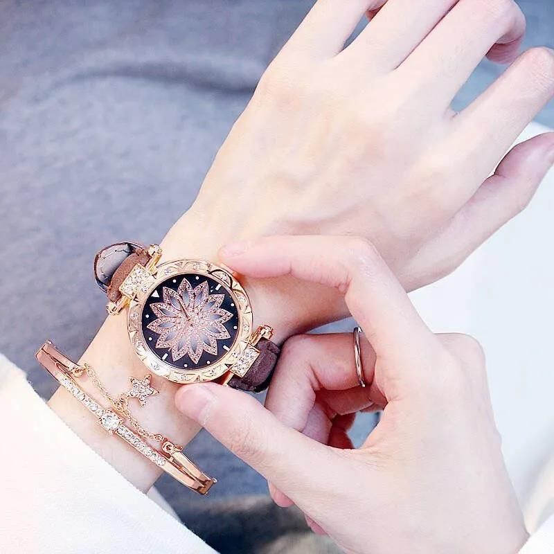 Luxury Diamond Women's Watch Crystal Watch Bracelet Set Women's Jewelry Casual Starry Sky Rose Gold Watch