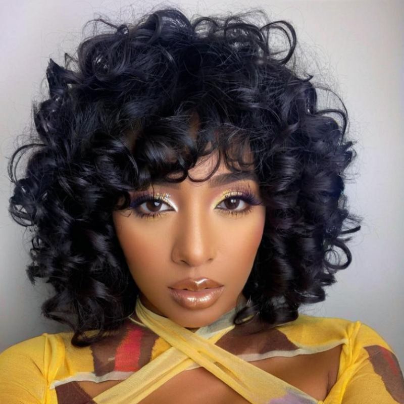 Female wig with slanted bangs, short curly hair, fashionable big wave, black curly hair CRRSHOP wigs free shipping 