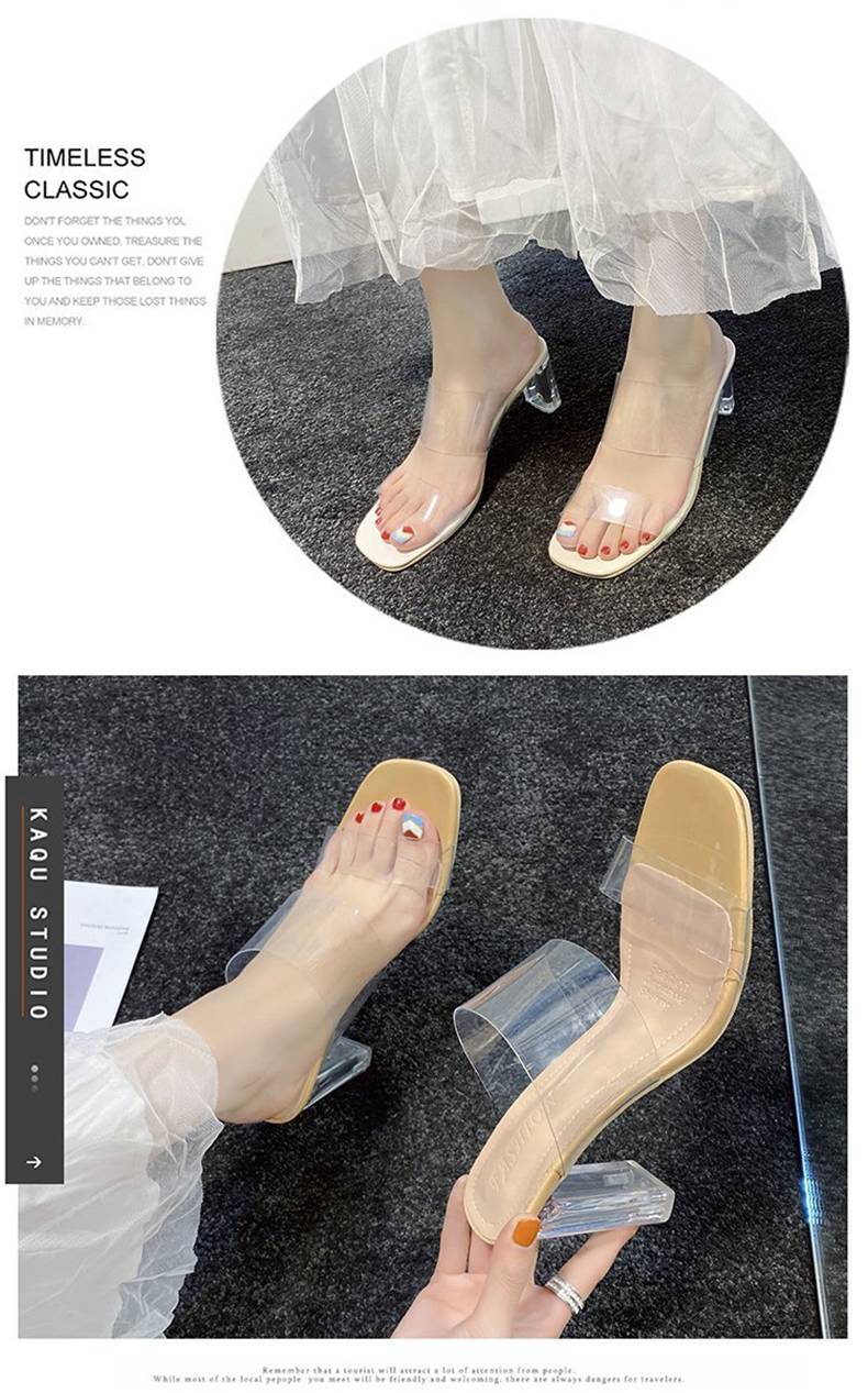 600 Women Summer 2021 Girl Sexy Clear  Round Heel Open Toe High Heel Slippers Shoes