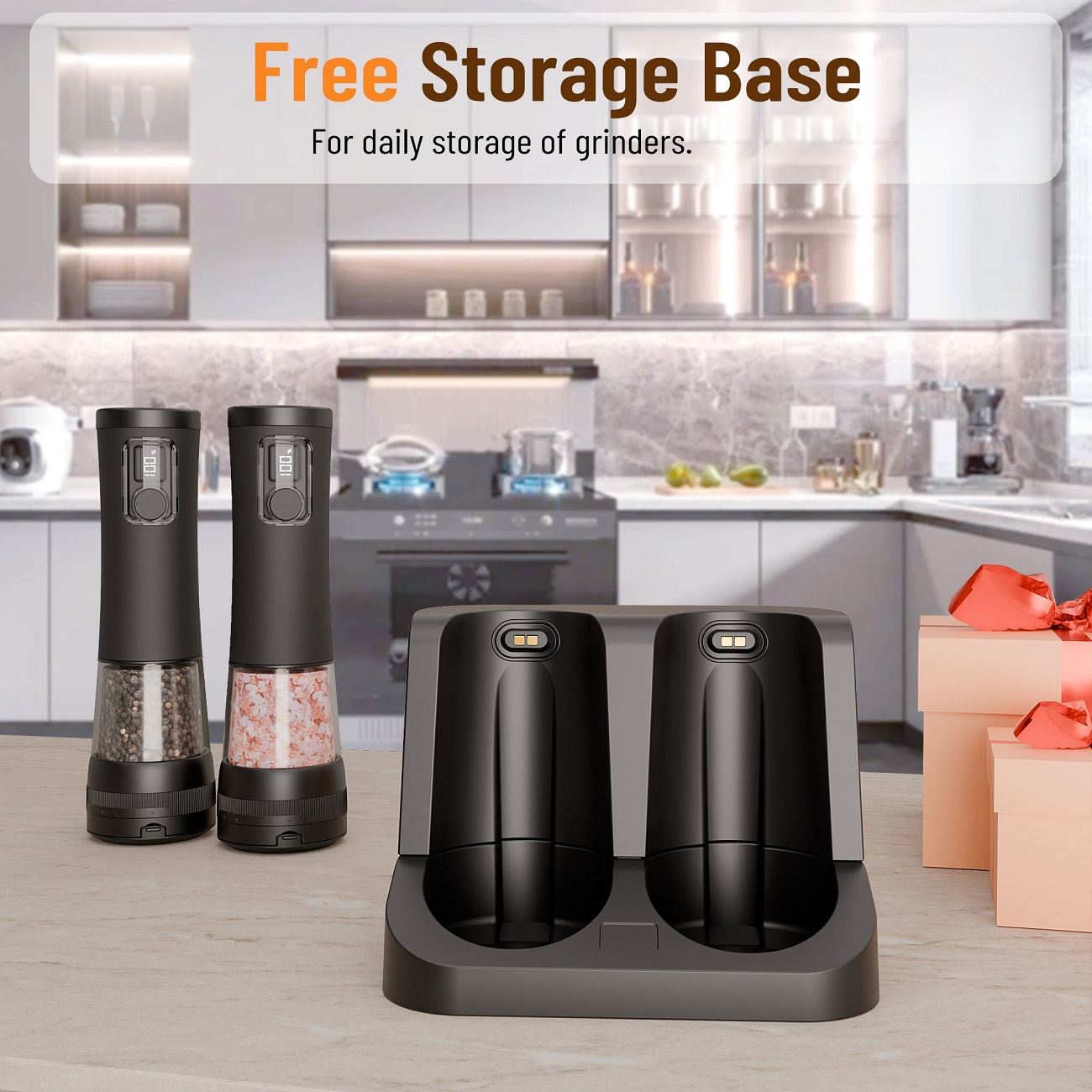 USB-C Rechargeable Electric Salt & Pepper Grinder Set, Automatic Spice Mills with Adjustable Coarseness, LED Display, Storage Base, One-Hand Operation for Kitchen & Dining
