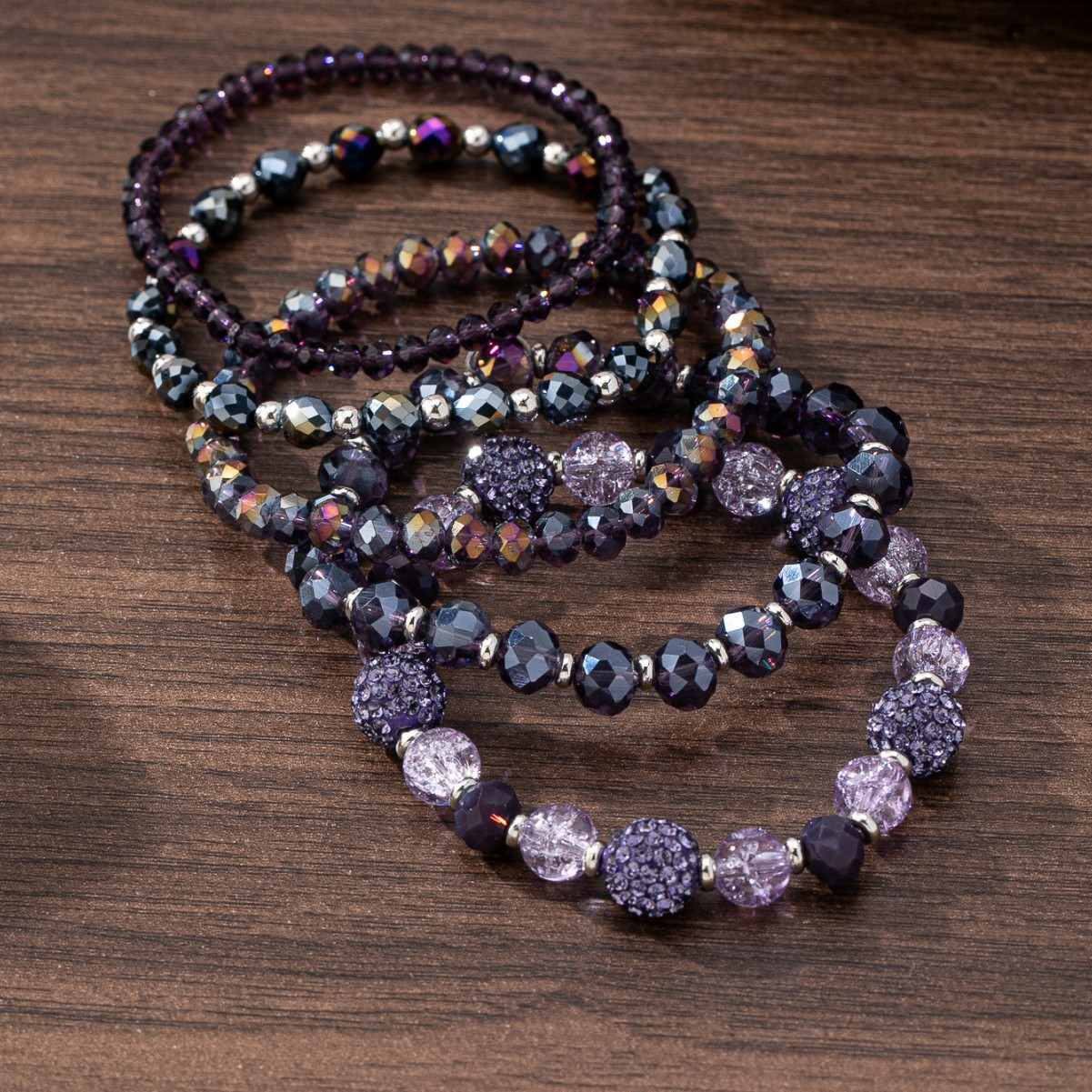 5-Piece Purple Toned Beaded Bracelet Set with Mixed Faceted & Smooth Beads, Elastic Stretch Design, Stackable Elegant Fashion Jewelry for Women

