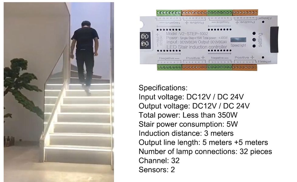 32 Channel Motion Sensor LED Stair Controller Automatic Staircase Lighting Controller Short Circuit Proof Stairway Step Light Controller Adjustable Brightness for Indoor Under Stair Lighting model 1002
