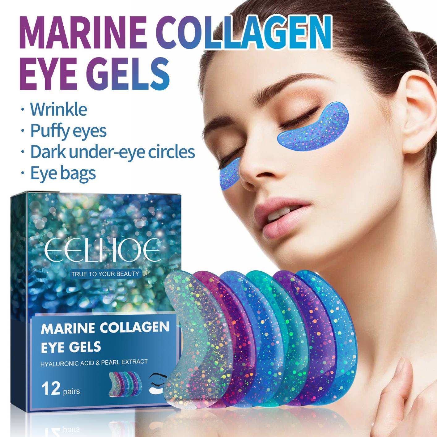 EELHOE Eye Gel Pads - Reduce Wrinkles, Puffy Eyes, Dark Circles, Eye Bags - Natural Marine Collagen Eye Gels with Hyaluronic HA - Anti Aging Eye Mask Patches & Face Moisturizer
