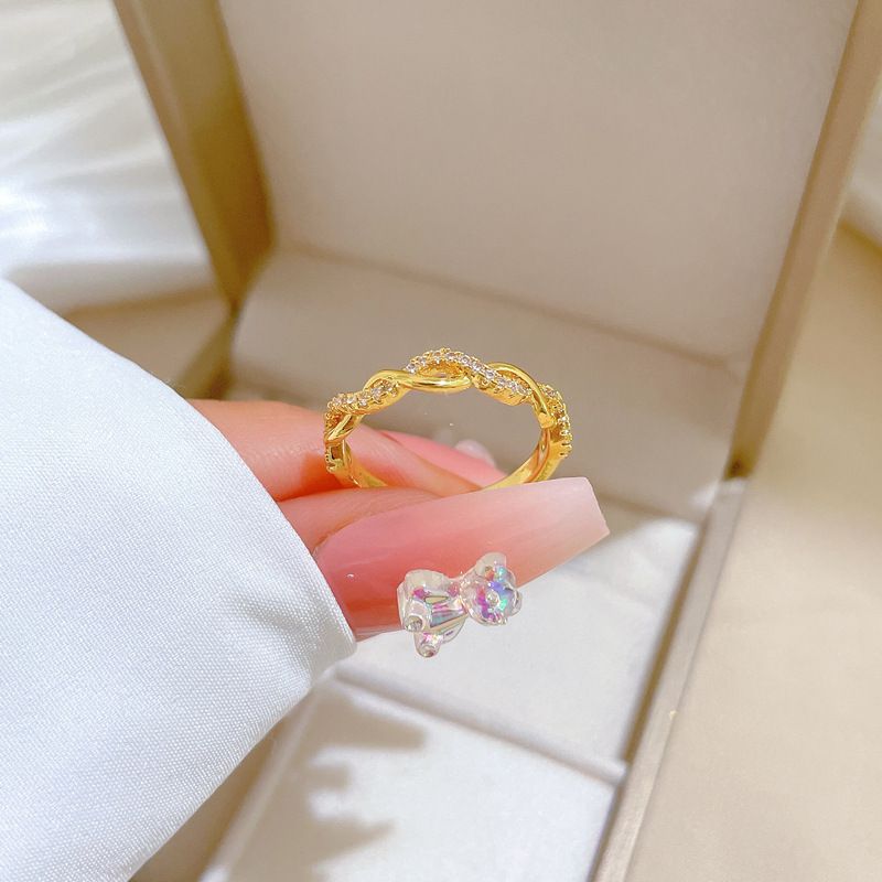 Minimalist Cold Style Twist Interwoven Zircon Open Adjustable Ring Gold Plated Stackable Finger Band Trendy Internet Celebrity Statement Index Ring Sparkly Cubic Zirconia Hand Jewelry Elegant Daily Dating Party Accessory Gift For Women
