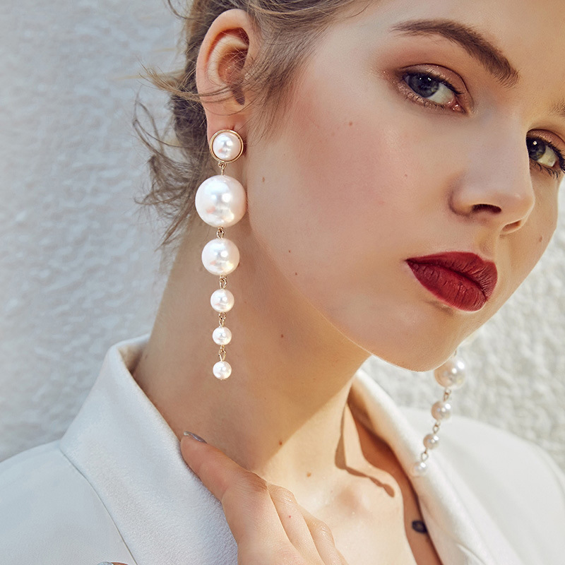 HZD580 Fashion Gold Long Simulated Pearl Earrings For Women Girl Big Geometric Round Drop Earring New Wedding Jewelry
