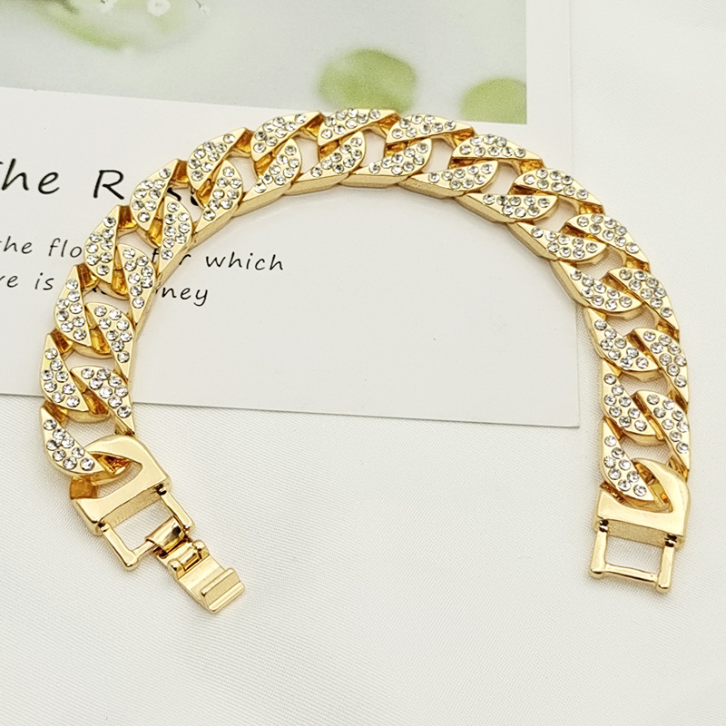 A031 12mm Bold Cuban Chain Bracelets for Men,Full Iced Out Rhinestones Links, Bling Crystal Curb Chain Punk Hiphop Bracelet