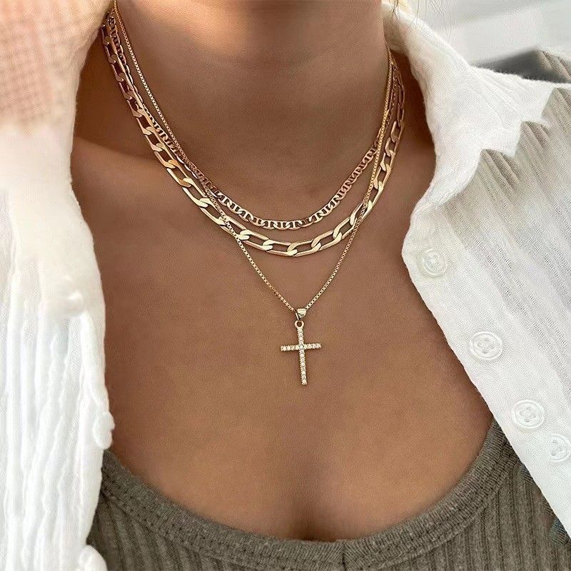European & American Style Cross Pendant Necklace for Women - Fashion CZ Stone Layered Chain, Full Rhinestone Collarbone Jewelry
