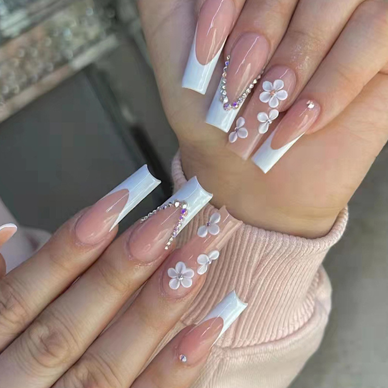 24pcs/box fake nails with Glue Detachable Long Ballerina False Nails Flower  Rhinestone Design  Fake Nails Full Cover Nail