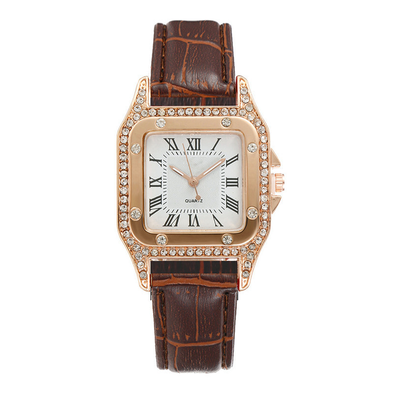 women's square diamond watch set leather waterproof strap quartz watch and jewelry bracelet girls set