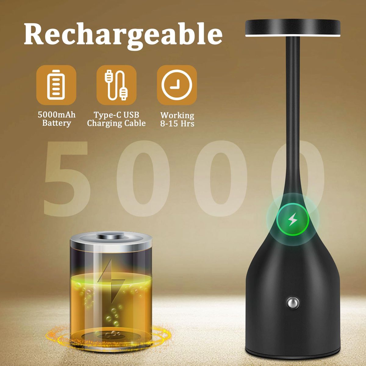Cordless Table Lamp Rechargeable - 5000mAh Battery Operated LED Table Light, Wireless Portable Table Light Waterproof for Outdoor Patio Restaurant Dining Dinner Home