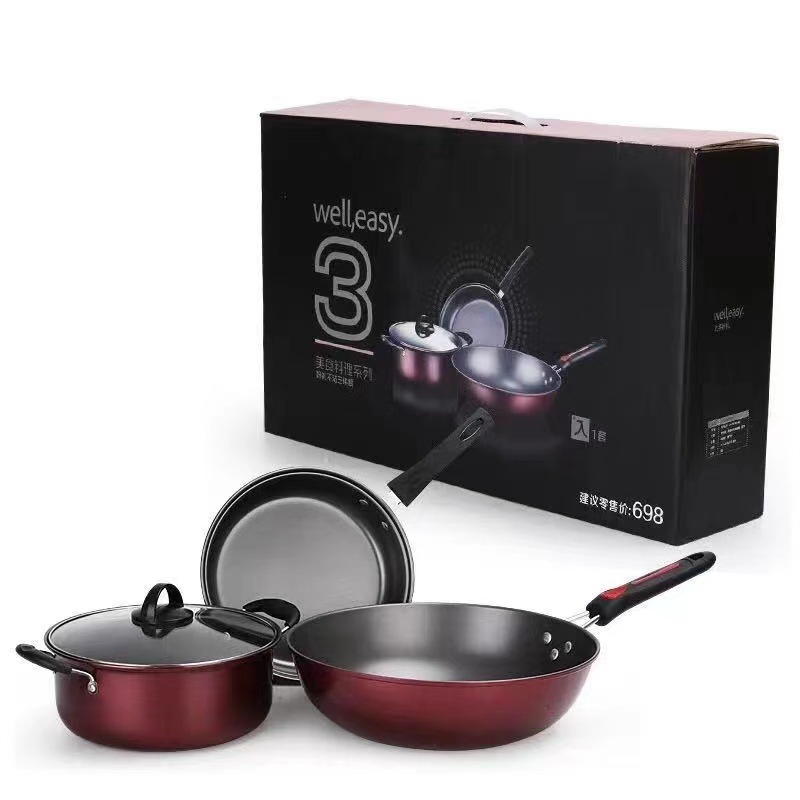 Steel 3 Piece Cookware Set – Nonstick Fry Pan, Wok Pan, Griddle Pan, Soup Pot with Lid, Nests for Easy Storage, Dishwasher Safe
