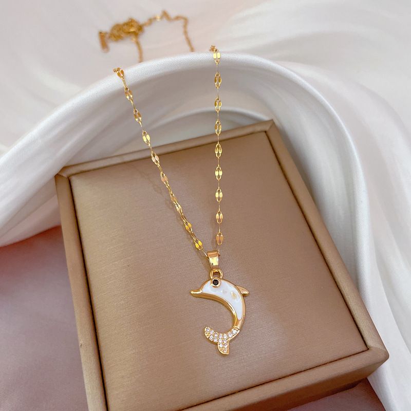 Light Luxury Dolphin Pendant Necklace For Women, Micro Pave Cubic Zirconia Color Shell Enamel Clavicle Chain, Minimalist Unique Design Fashion Jewelry Gift For Daily Dating Party Wear
