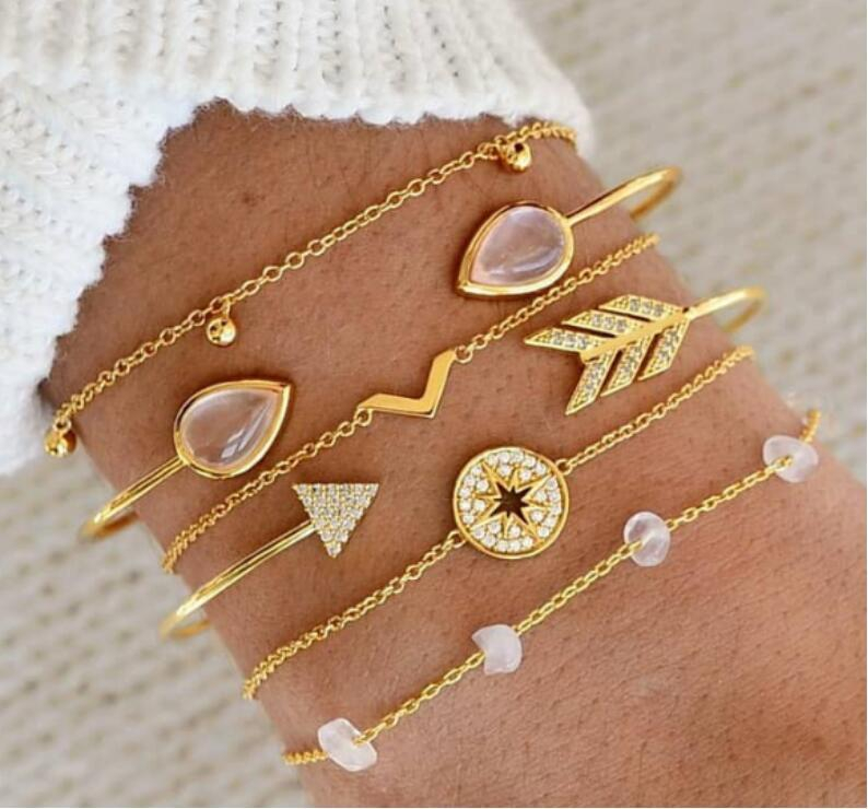 GFP02-02 6Pcs Punk Women Gold Plated Rhinestone Decor Chain Bracelets Set Fashion V Shape Metal Chain Bangles Bracelet Jewelry