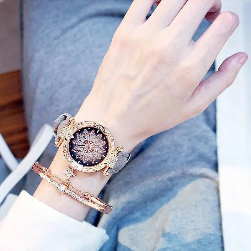 Luxury Diamond Women's Watch Crystal Watch Bracelet Set Women's Jewelry Casual Starry Sky Rose Gold Watch