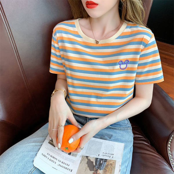 E-472 Women's Fashion Versatile Loose Stripe Embroidered Crewneck Short Sleeve T-shirt