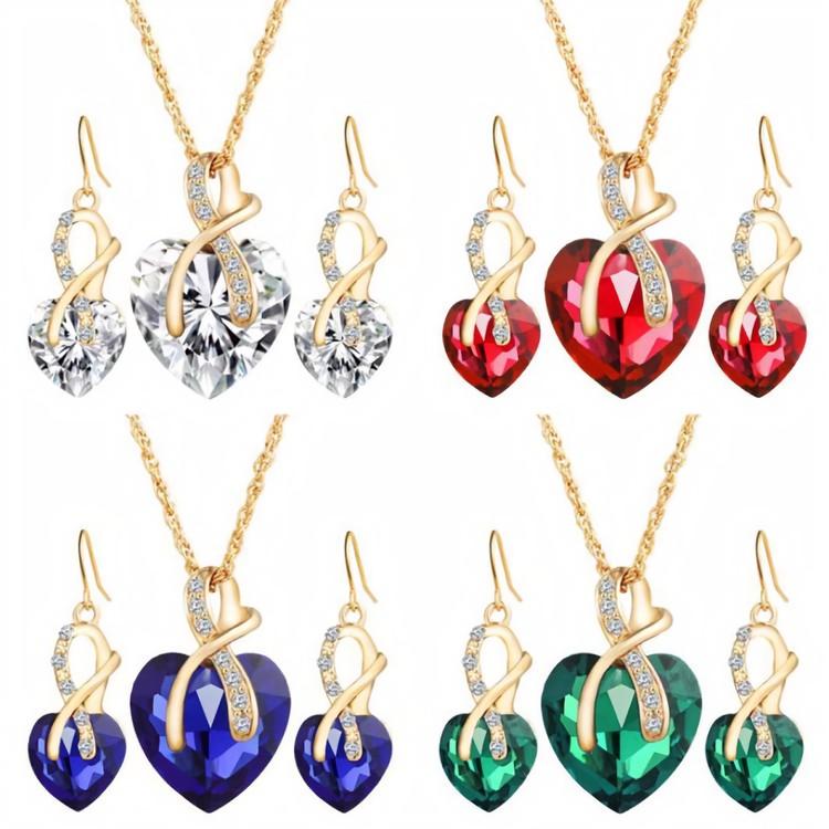 Huadeer Vintage Female Rainbow Crystal Jewelry Set Charm Gold Color Dangle Earrings For Women Simple Love Heart Wedding Chain Necklace