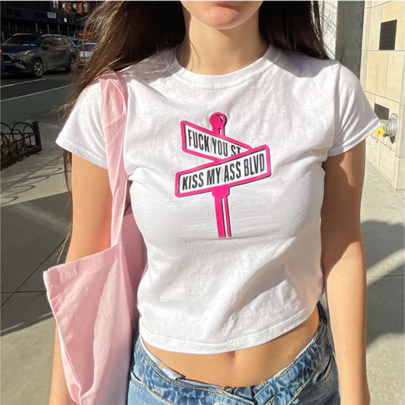 DIYB-NVTX70726 Women's Summer New White Crewneck T-Shirt Letter Print Short Top