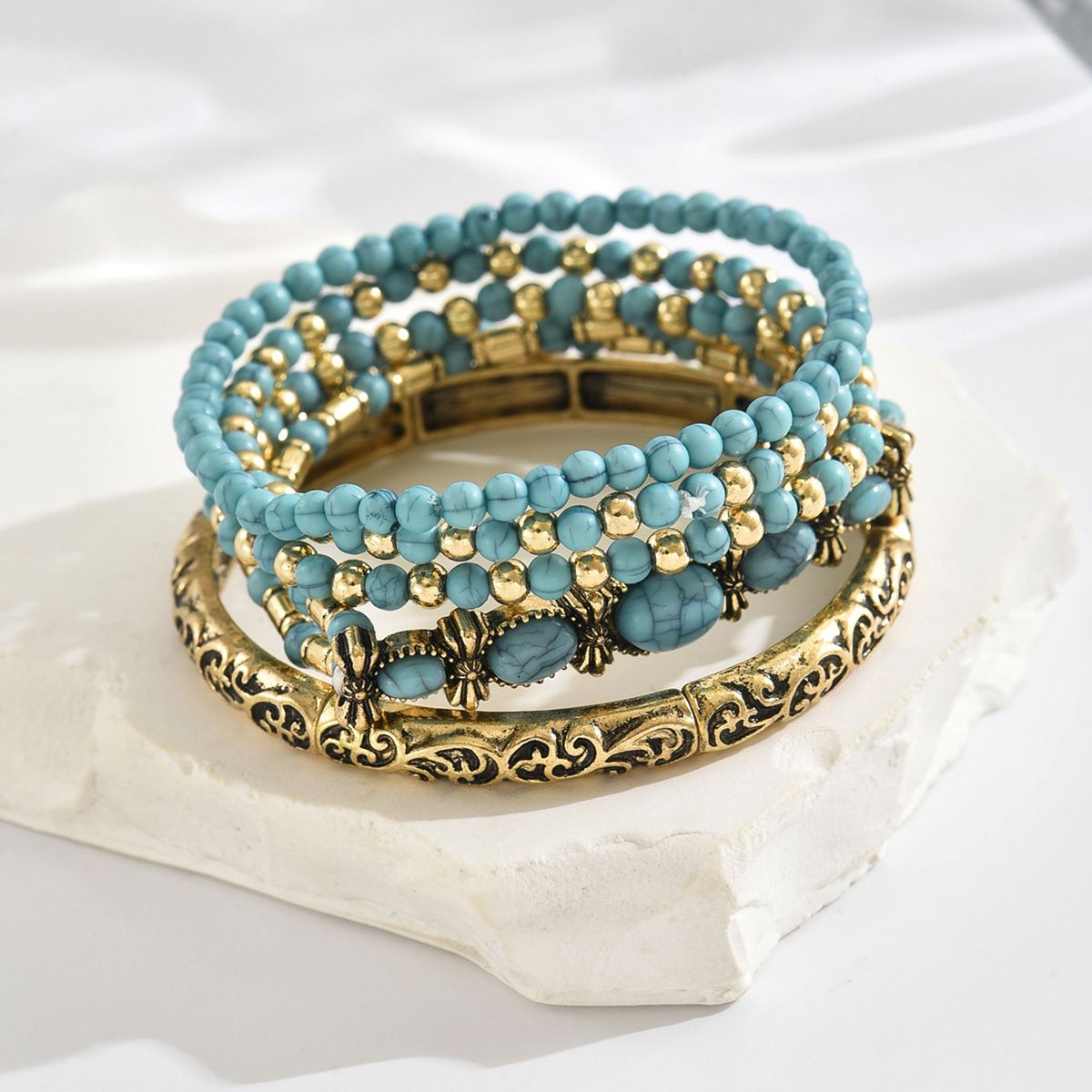 Bohemian 5-Piece Turquoise & Gold Bracelet Set, Vintage Style Stackable Bangles & Stretch Beaded Bracelets for Women
