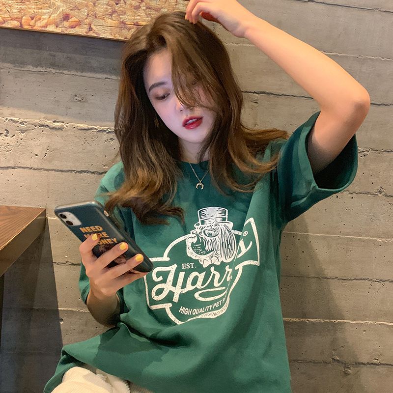 6062# Women's Summer Niche Print Loose T-Shirt Round Neck Half-Sleeved Top