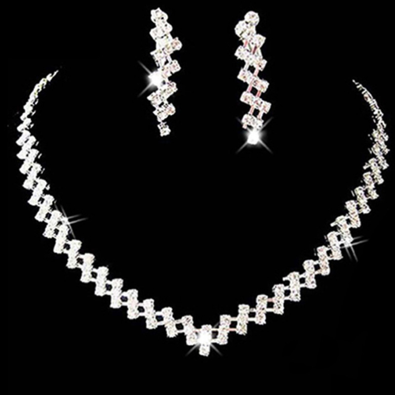 00081-17 New Design Full Water Diamond Zircon Necklace Earrings Platinum Rhinestone Necklace Set For Women