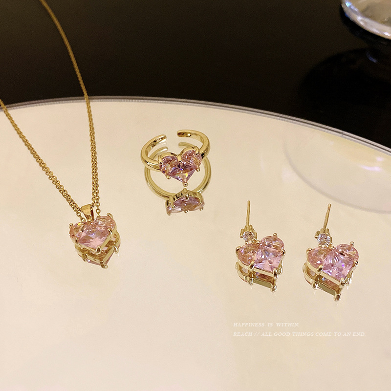 X974 Ladies Temperament Versatile Pink Love Zircon Necklace Earrings Ring Set