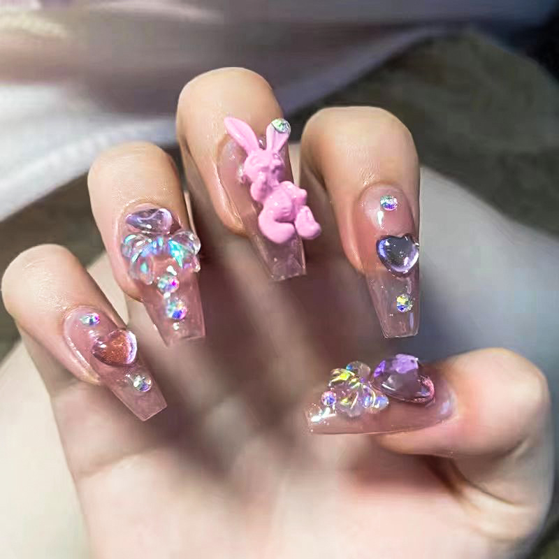 JP1302 24 Pcs Glossy Press on Nails, Medium Coffin Y2K Sweet Cool Style Heart Rabbit Rhinestones Decals Fake Nails, Acrylics Full Cover False Nails for Women and Girls
