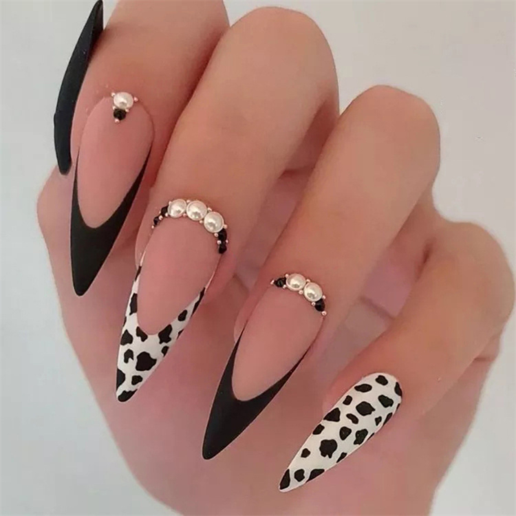 Free Shipping Fake Nails Black and White Leopard Color Long Fashion Nail Art Stickers Full Cover Wearable Coffin Fake NailsBallerina Art