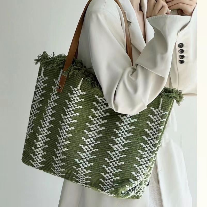 Tassel PU portable shopping bag vintage Jacquard stripe canvas lady shoulder Large capacity tote bag