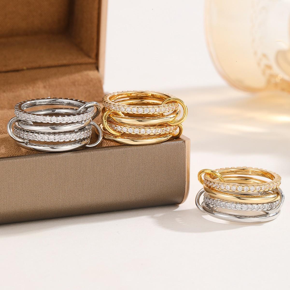 Multi-Layer 4-Piece Stackable Zircon Ring Set, Gold Plated Interlocking Band with Sparkling CZ Stones, Sizes 7-11, Stacking Statement Ring for Women
